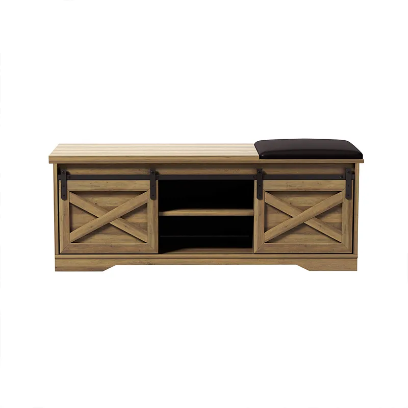 47" Modern Light Brown Farmhouse Sliding Shoe Bench with Entry Cutout