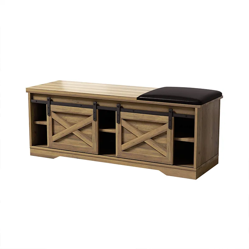 47" Modern Light Brown Farmhouse Sliding Shoe Bench with Entry Cutout