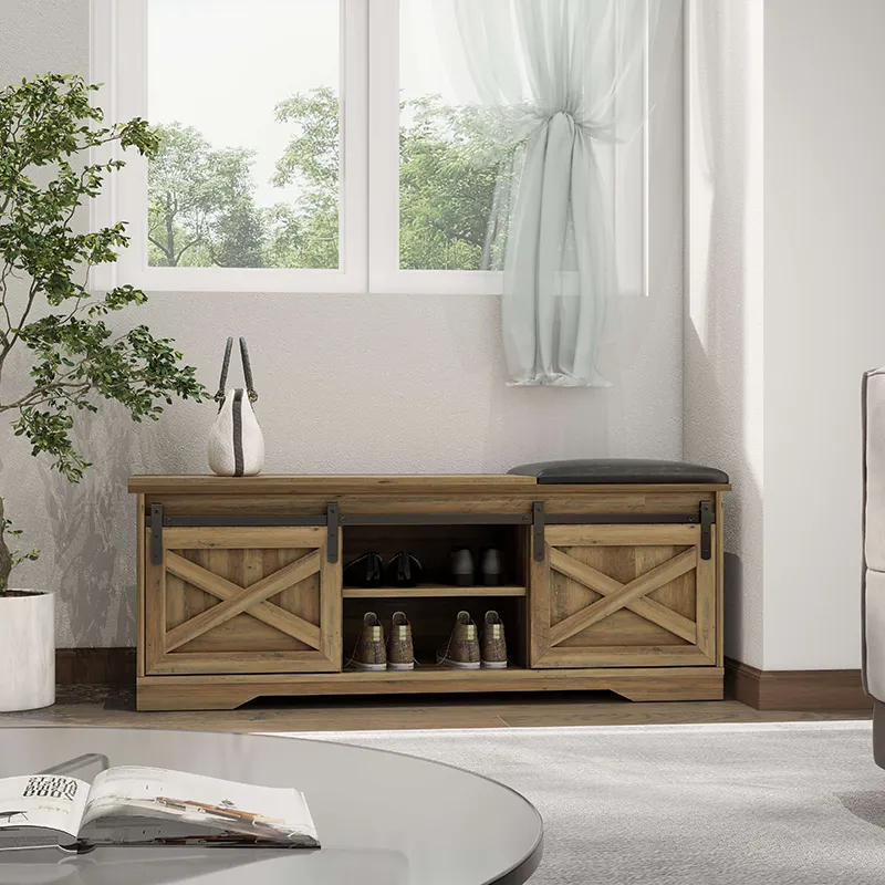 47" Modern Light Brown Farmhouse Sliding Shoe Bench with Entry Cutout