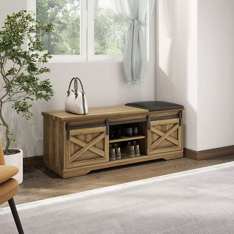 47" Modern Light Brown Farmhouse Sliding Shoe Bench with Entry Cutout