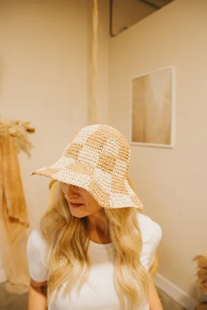 Checkered Board Pattern Crochet Hat-Natural