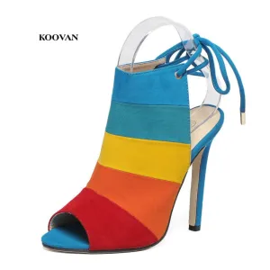 Koovan Women's Open Toe Pumps High-Peeled Rainbow Color Mixed Sandals