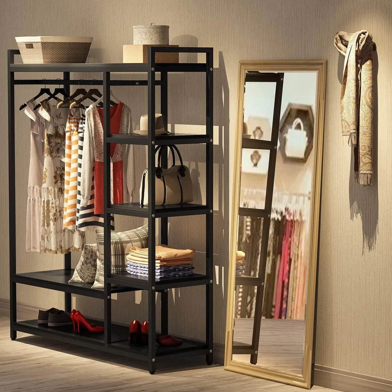 LITTLE TREE Free Standing Closet Organizer,Heavy Duty Closet Storage with 6 Shelves and Handing Bar, Large Clothes Storage & Standing Garmen Rack, Black
