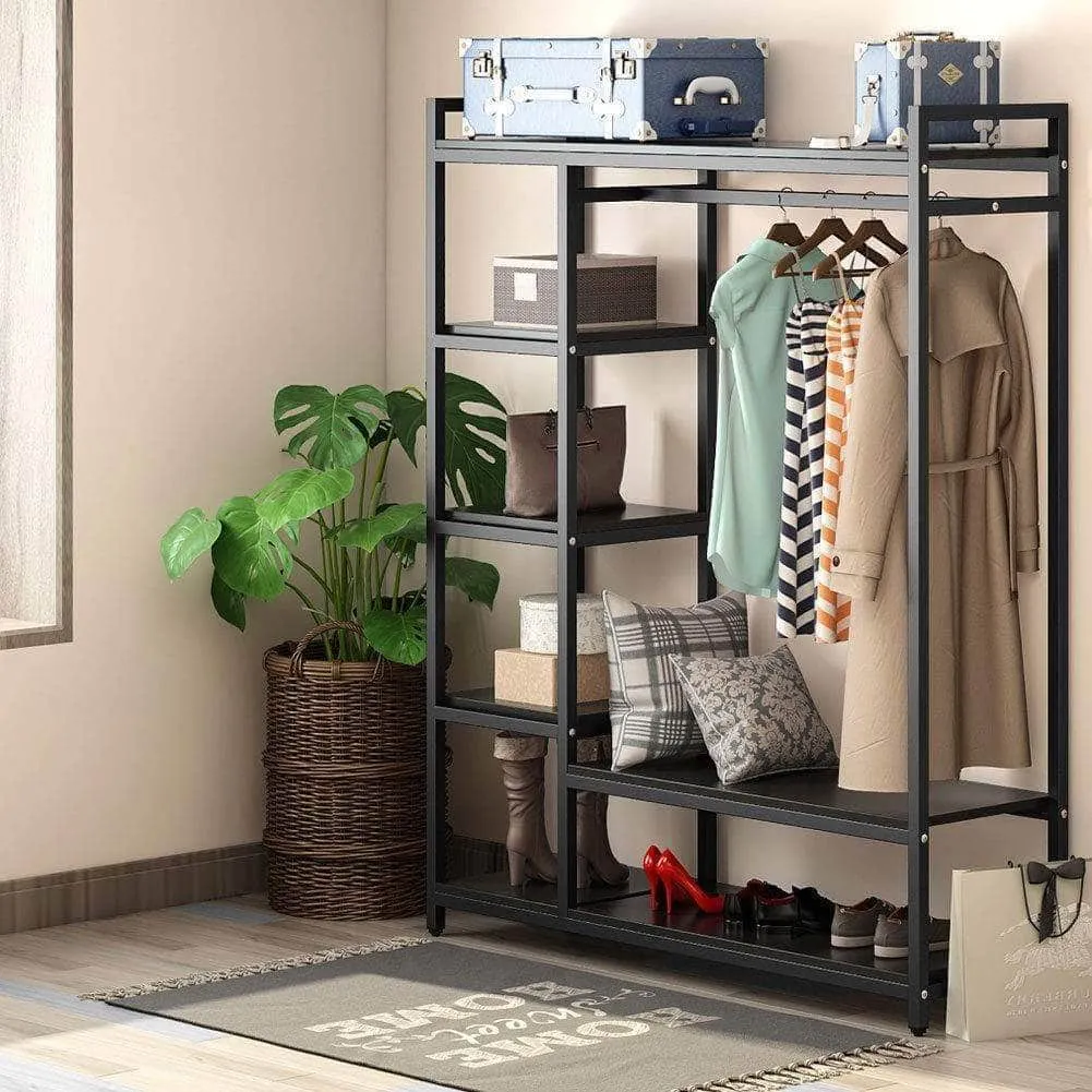 LITTLE TREE Free Standing Closet Organizer,Heavy Duty Closet Storage with 6 Shelves and Handing Bar, Large Clothes Storage & Standing Garmen Rack, Black