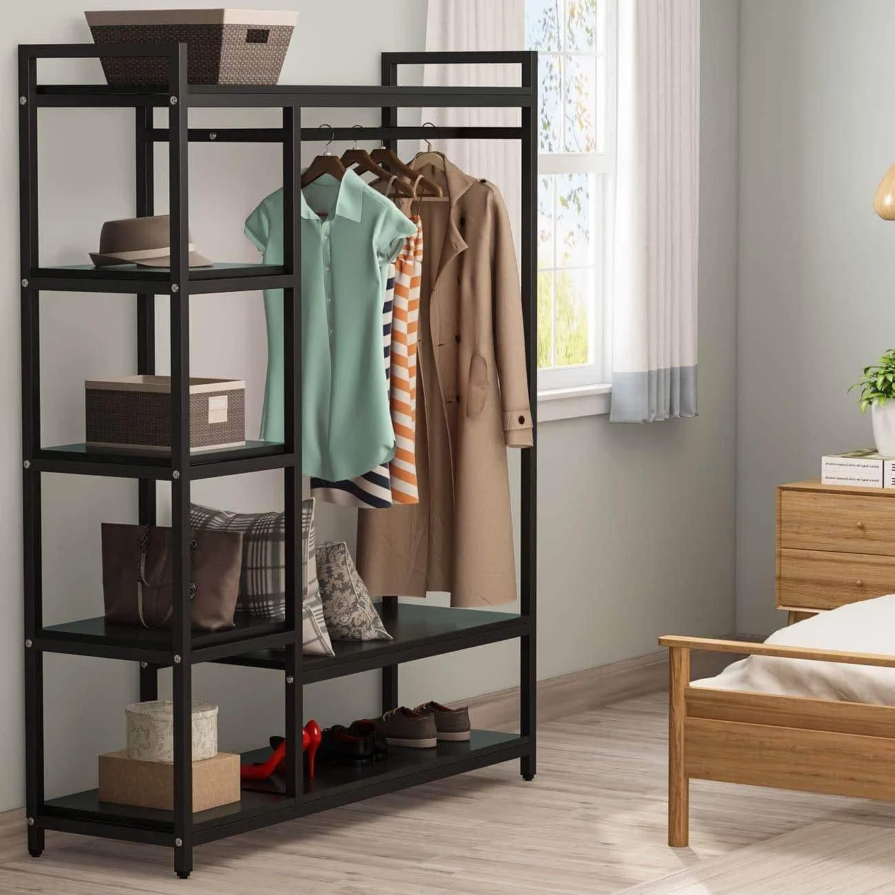 LITTLE TREE Free Standing Closet Organizer,Heavy Duty Closet Storage with 6 Shelves and Handing Bar, Large Clothes Storage & Standing Garmen Rack, Black