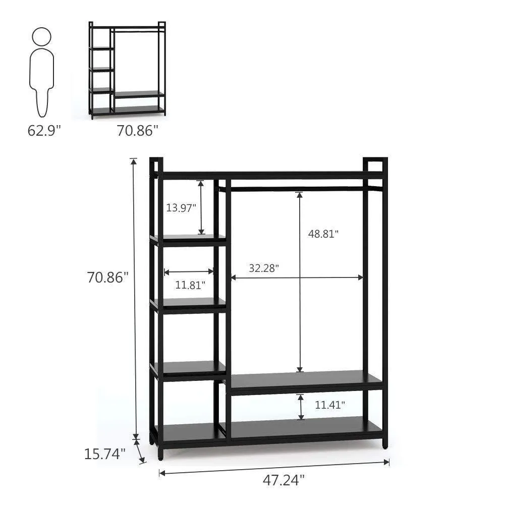 LITTLE TREE Free Standing Closet Organizer,Heavy Duty Closet Storage with 6 Shelves and Handing Bar, Large Clothes Storage & Standing Garmen Rack, Black