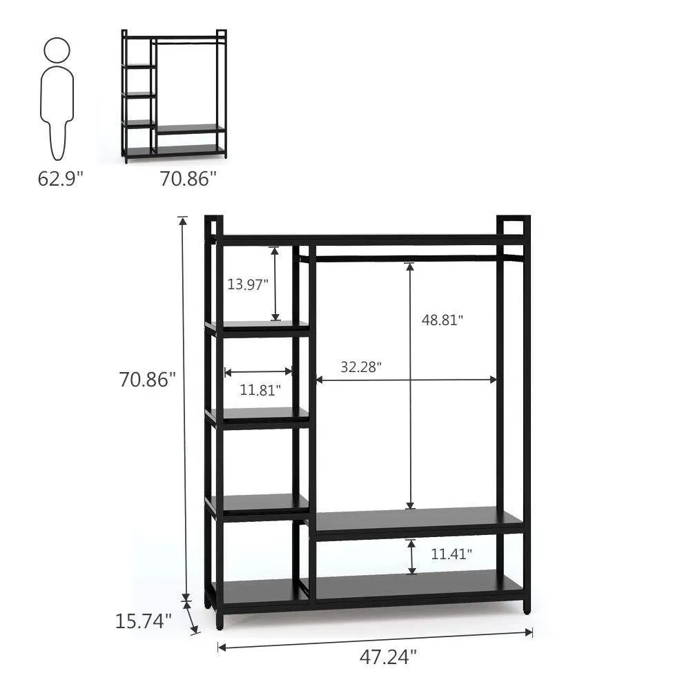 LITTLE TREE Free Standing Closet Organizer,Heavy Duty Closet Storage with 6 Shelves and Handing Bar, Large Clothes Storage & Standing Garmen Rack, Black