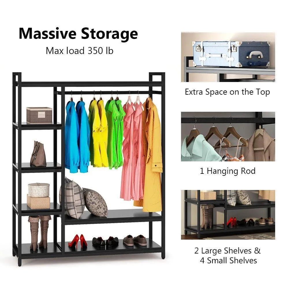 LITTLE TREE Free Standing Closet Organizer,Heavy Duty Closet Storage with 6 Shelves and Handing Bar, Large Clothes Storage & Standing Garmen Rack, Black
