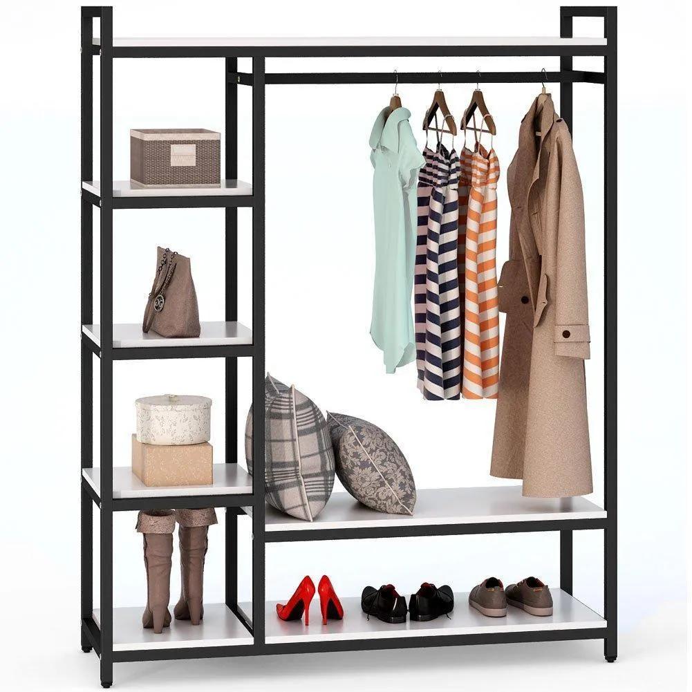 LITTLE TREE Free-Standing Closet Organizer,Heavy Duty Clothes Rack with 6 Shelves and Handing Bar, Large Closet Storage Stytem & Closet Garment Shelves