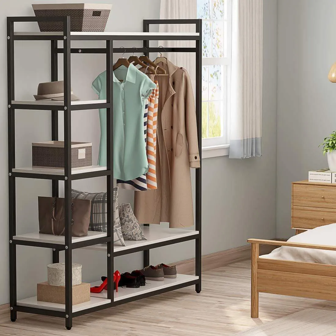 LITTLE TREE Free-Standing Closet Organizer,Heavy Duty Clothes Rack with 6 Shelves and Handing Bar, Large Closet Storage Stytem & Closet Garment Shelves