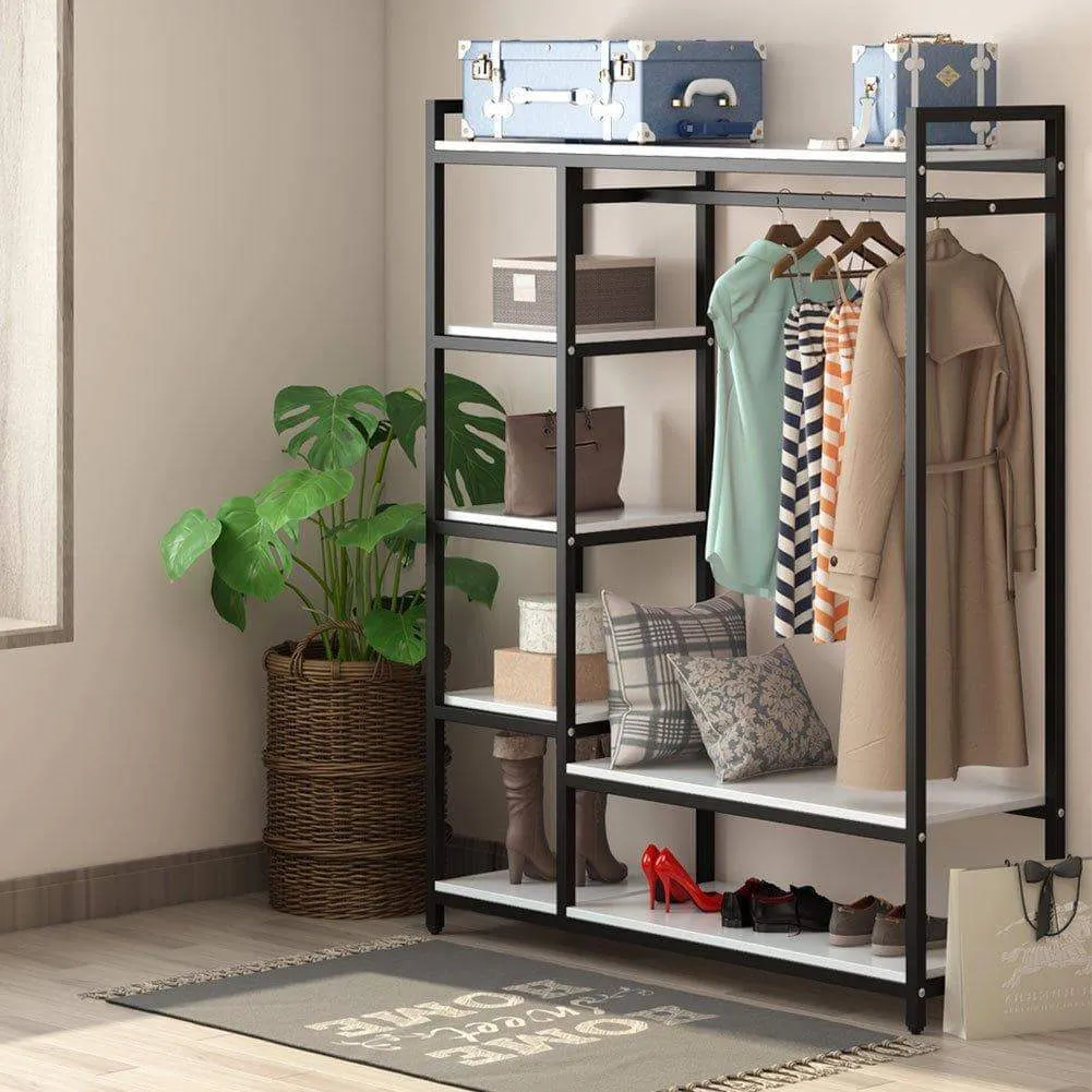 LITTLE TREE Free-Standing Closet Organizer,Heavy Duty Clothes Rack with 6 Shelves and Handing Bar, Large Closet Storage Stytem & Closet Garment Shelves