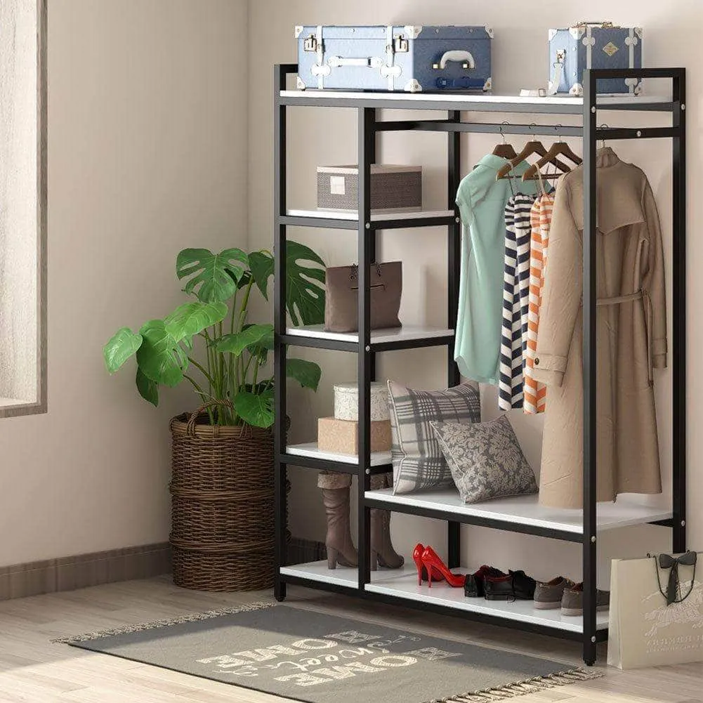LITTLE TREE Free-Standing Closet Organizer,Heavy Duty Clothes Rack with 6 Shelves and Handing Bar, Large Closet Storage Stytem & Closet Garment Shelves