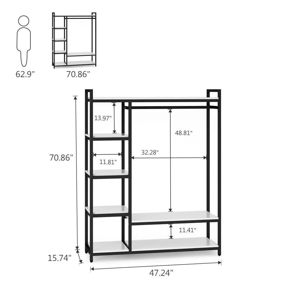 LITTLE TREE Free-Standing Closet Organizer,Heavy Duty Clothes Rack with 6 Shelves and Handing Bar, Large Closet Storage Stytem & Closet Garment Shelves