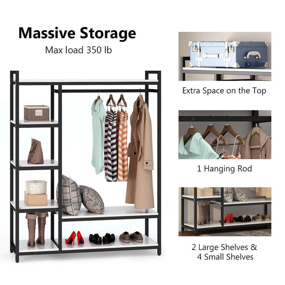 LITTLE TREE Free-Standing Closet Organizer,Heavy Duty Clothes Rack with 6 Shelves and Handing Bar, Large Closet Storage Stytem & Closet Garment Shelves