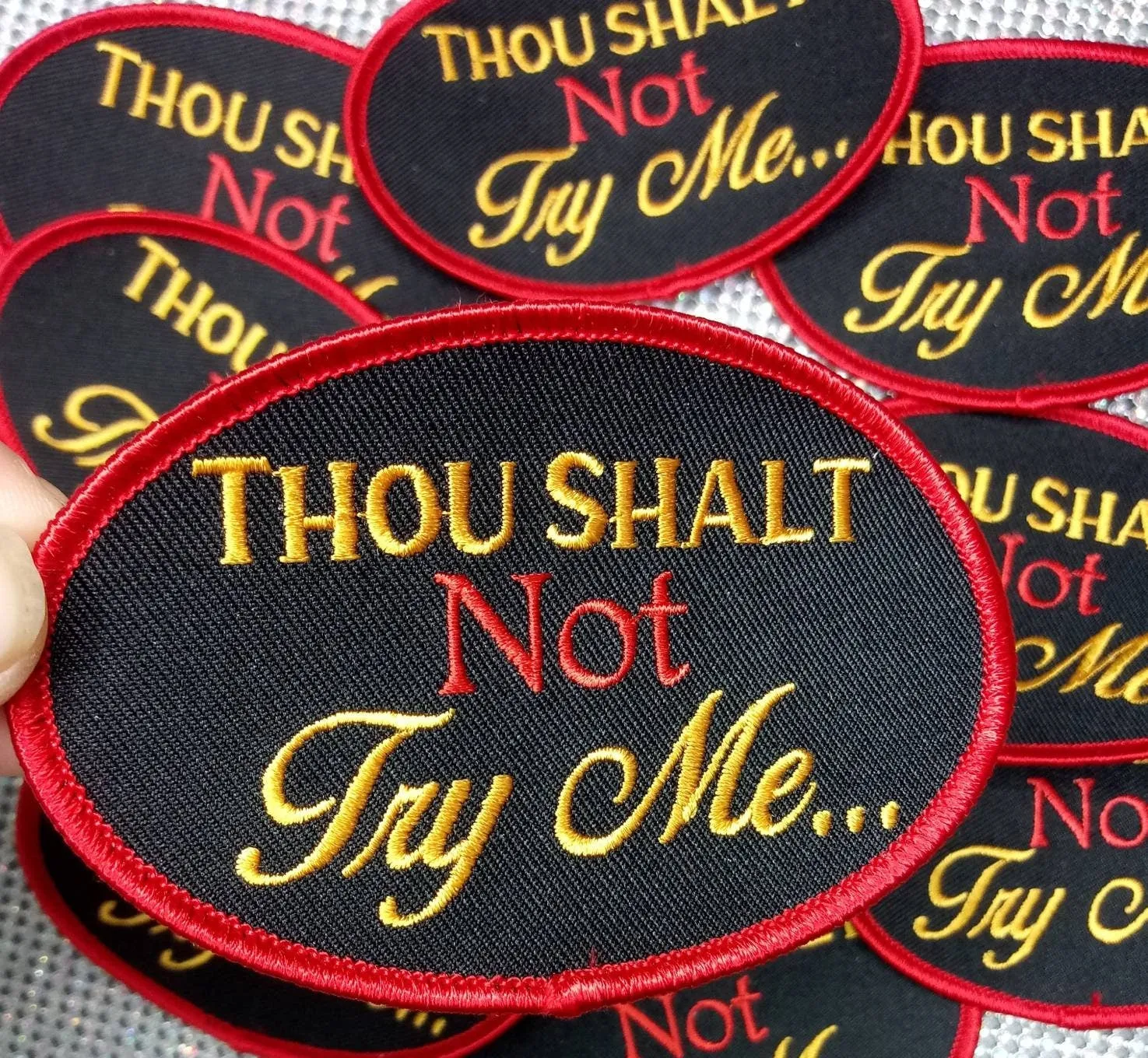 Mood 24:7, "Thou Shalt Not Try Me" 4-inch, Embroidered Patch, Fun Appliques, Iron or Sew On Patches, Cool Patches