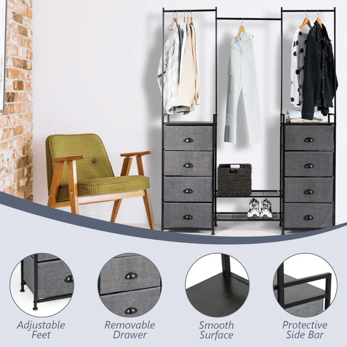 NNECW Fabric Drawer Dresser with Clothes Rail Shoe Rack