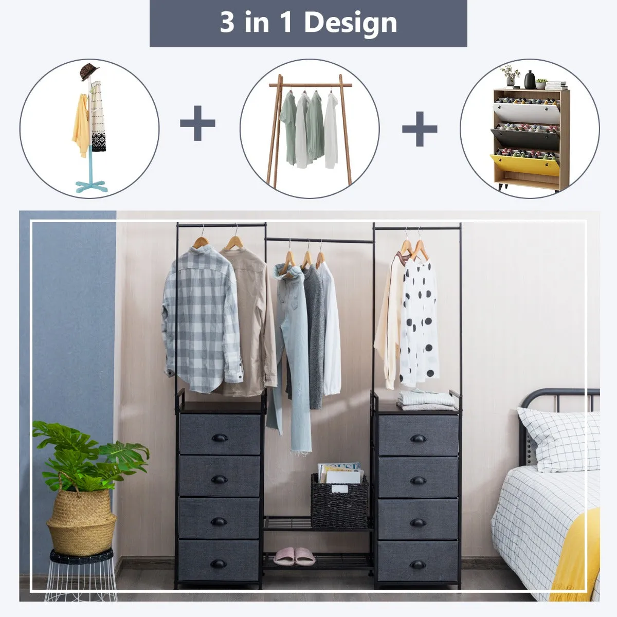 NNECW Fabric Drawer Dresser with Clothes Rail Shoe Rack