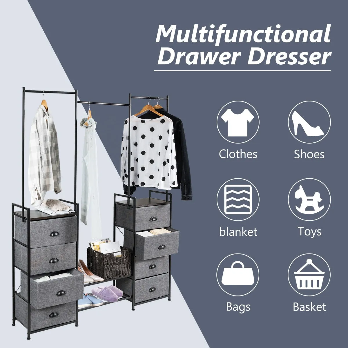 NNECW Fabric Drawer Dresser with Clothes Rail Shoe Rack