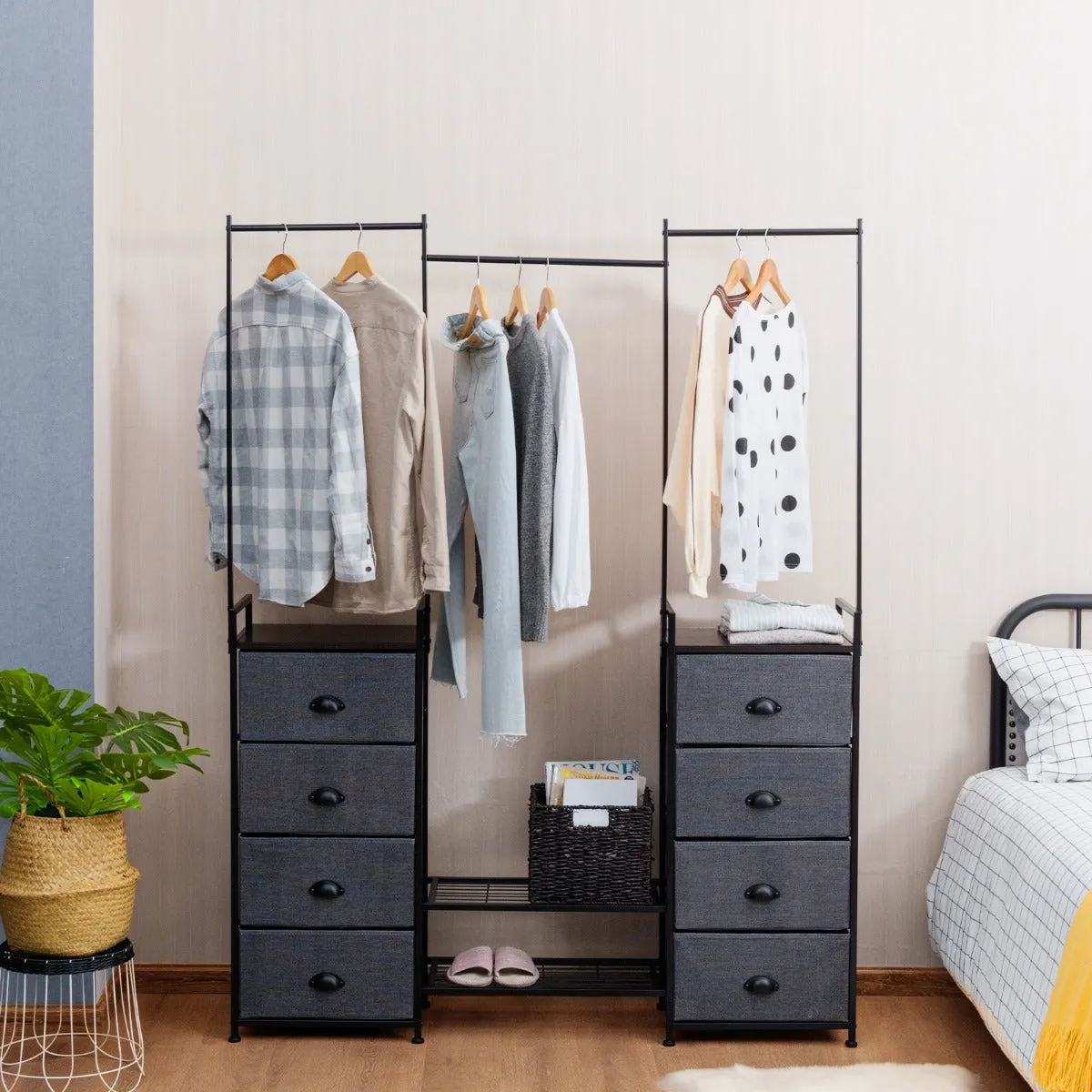 NNECW Fabric Drawer Dresser with Clothes Rail Shoe Rack