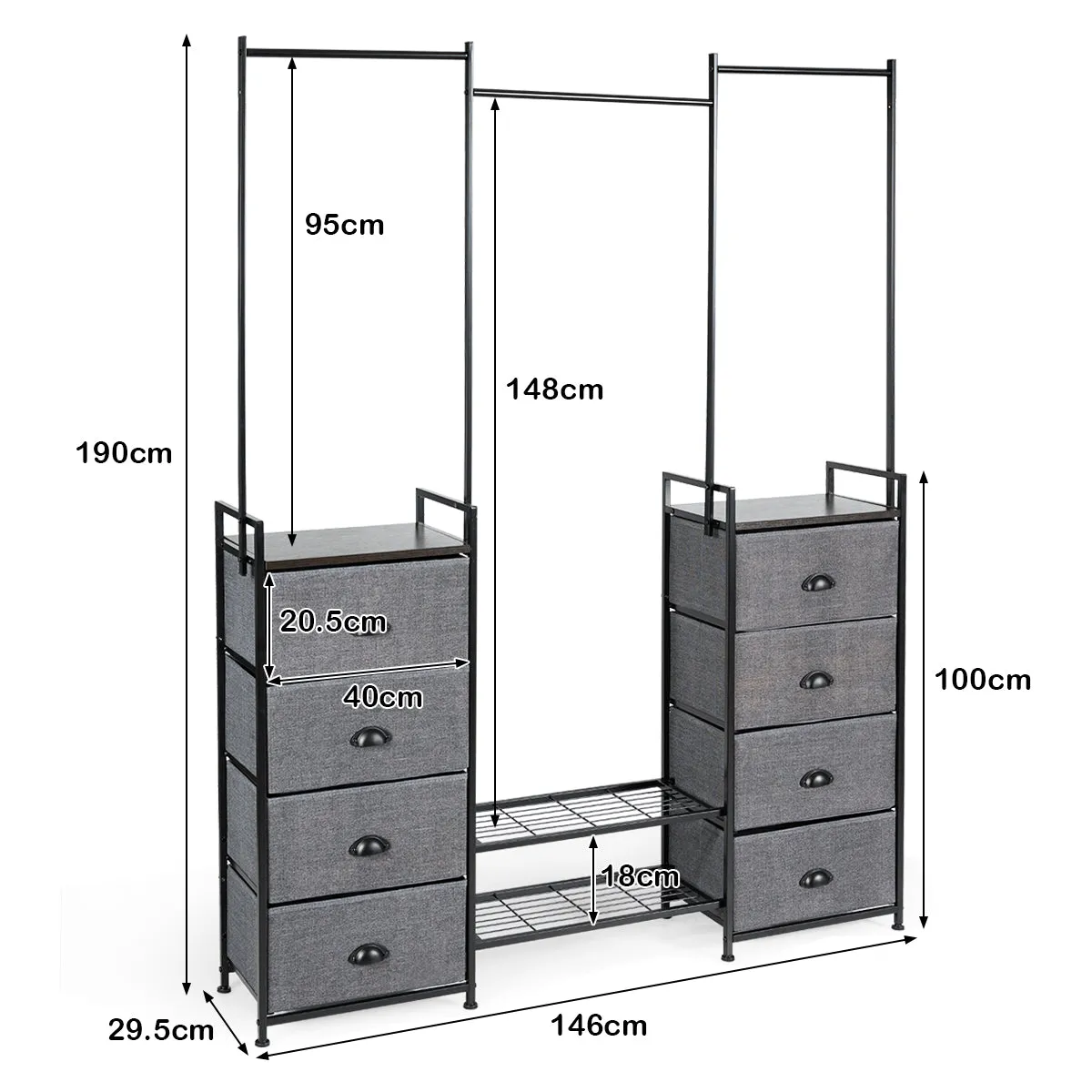 NNECW Fabric Drawer Dresser with Clothes Rail Shoe Rack