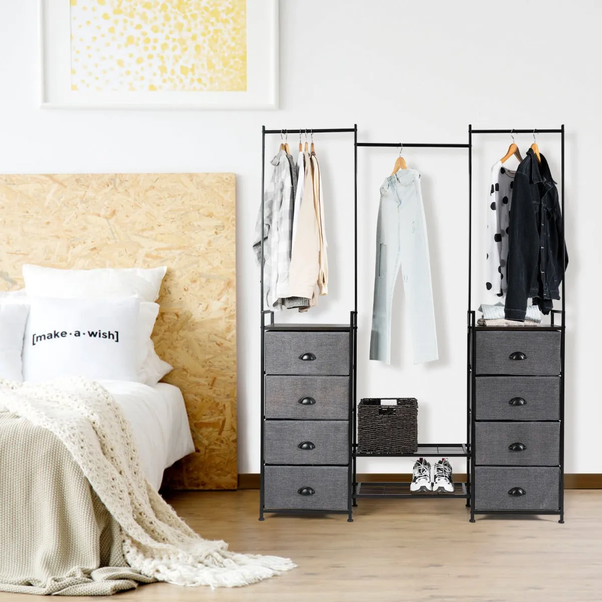 NNECW Fabric Drawer Dresser with Clothes Rail Shoe Rack