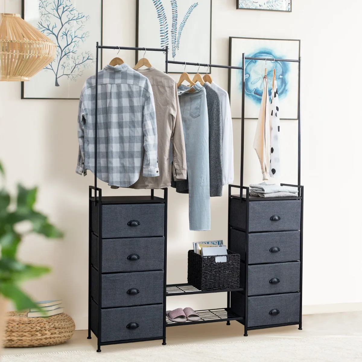 NNECW Fabric Drawer Dresser with Clothes Rail Shoe Rack