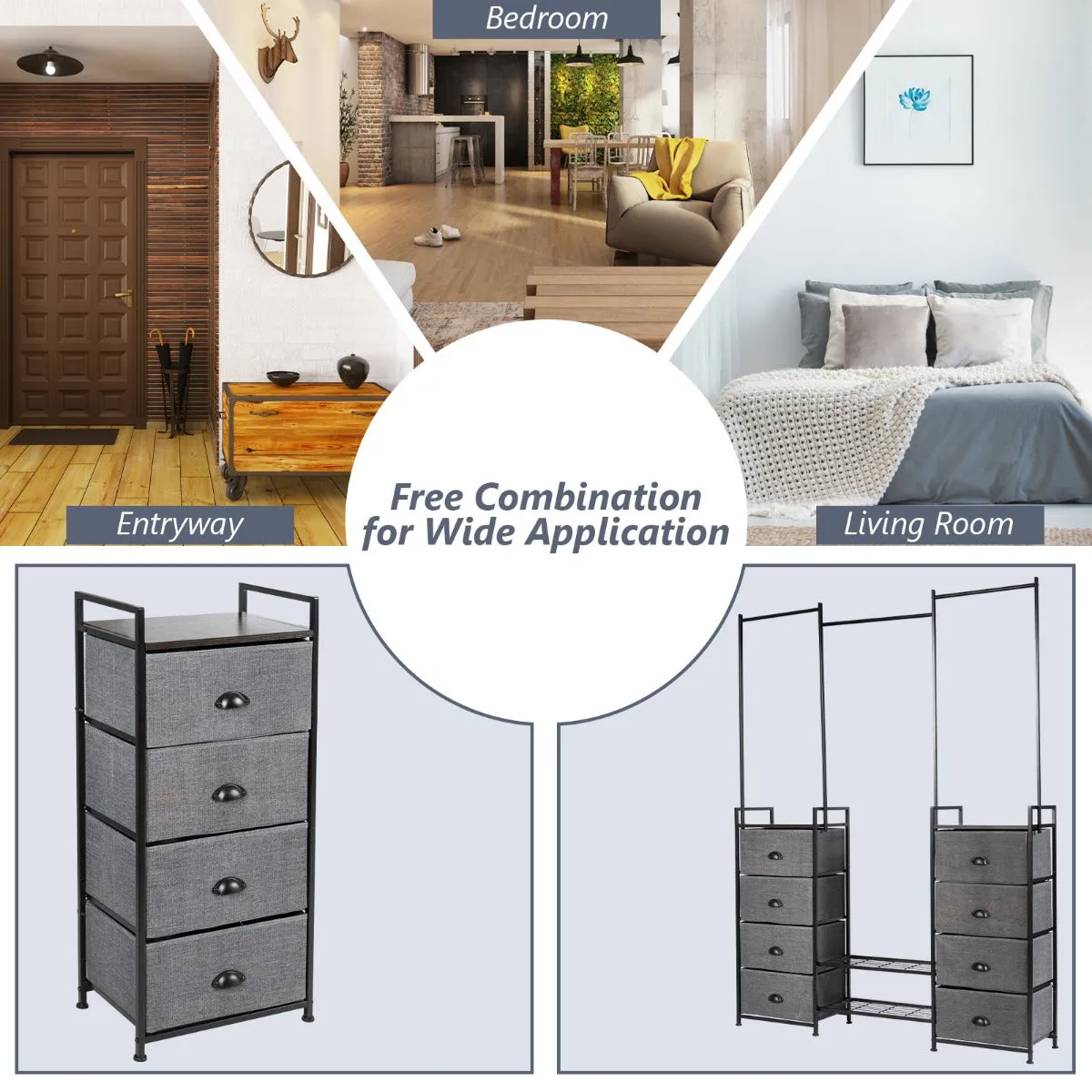 NNECW Fabric Drawer Dresser with Clothes Rail Shoe Rack