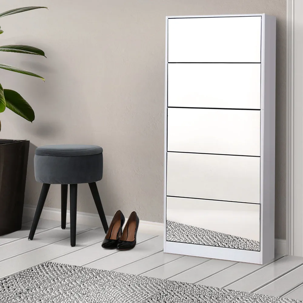 NNEDSZ 5 Drawer Mirrored Wooden Shoe Cabinet - White