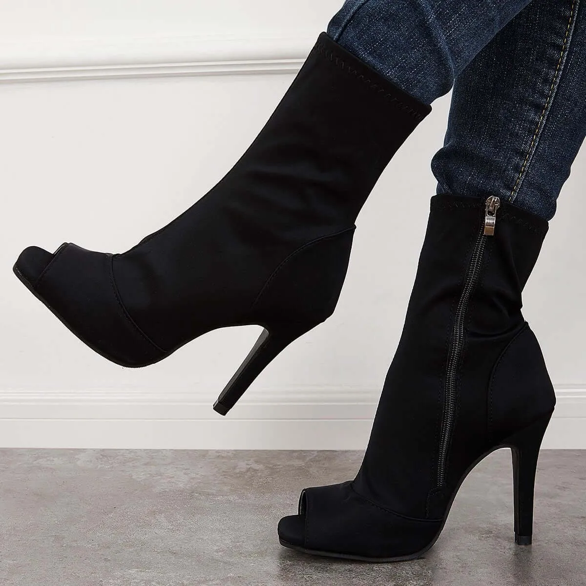 Sohiwoo Stretch Peep Toe Stilettos Ankle Boots High Heel Sock Booties