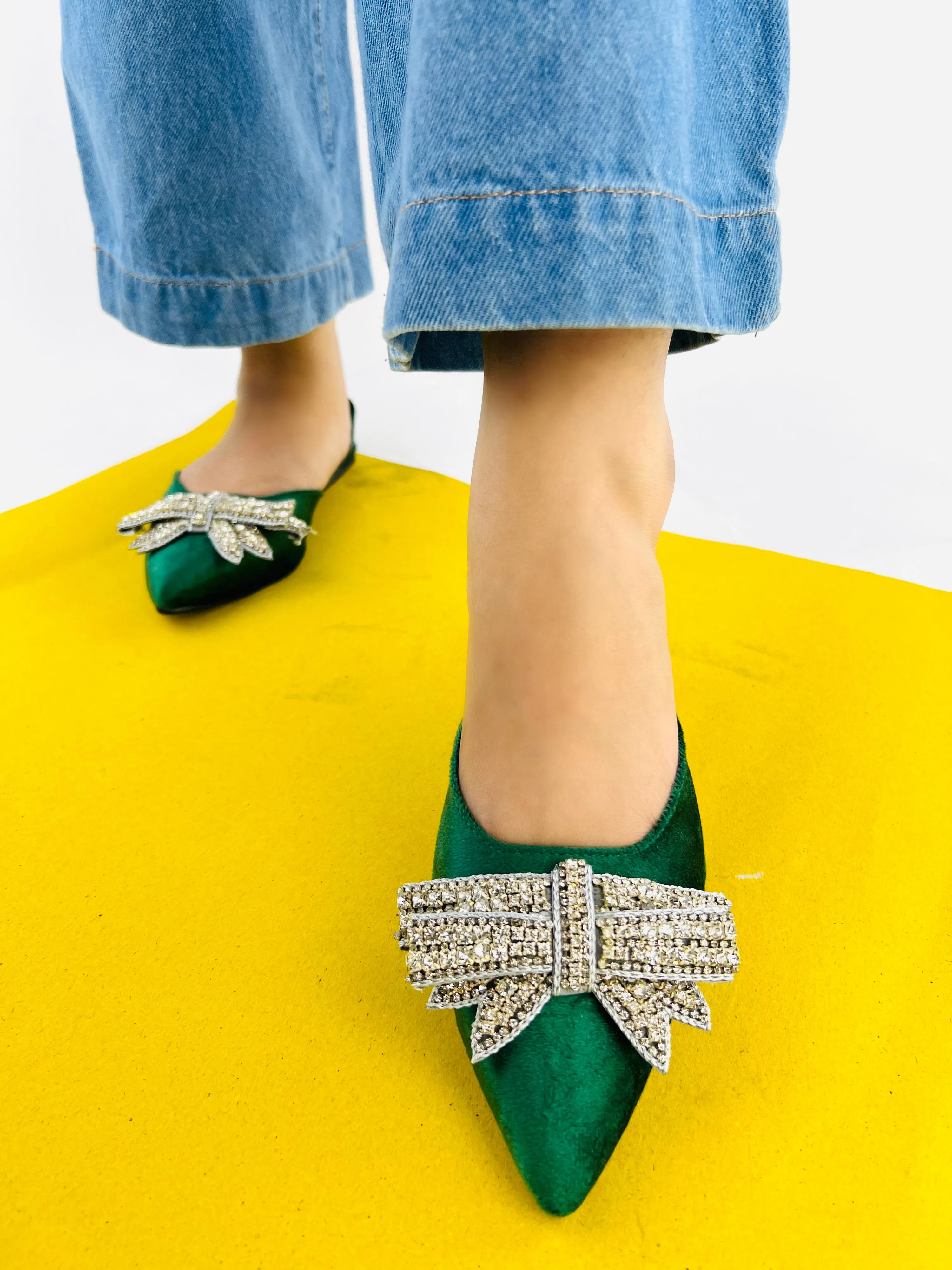 Spunkz Pointed Toe Rhinestone Bow Knot Green Slingback Flats
