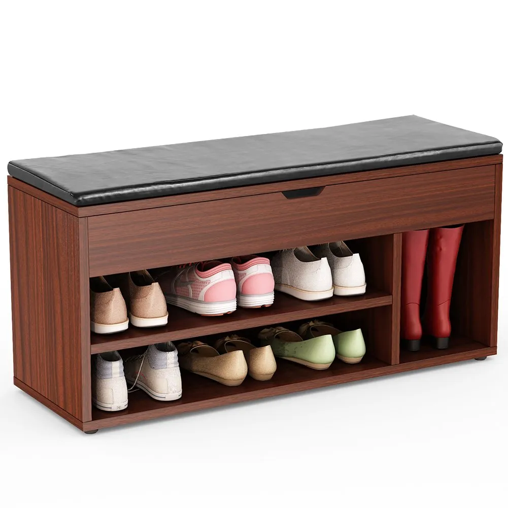 Tribesigns Shoe Storage Bench Upholstered Shoe Rack Organizer Hall Bench with StorageÂ for Entryway, Hallway (Teak)